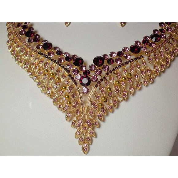 Purple necklace set, purple rhinestone set statement bridal wedding necklace, - Picture 2 of 7